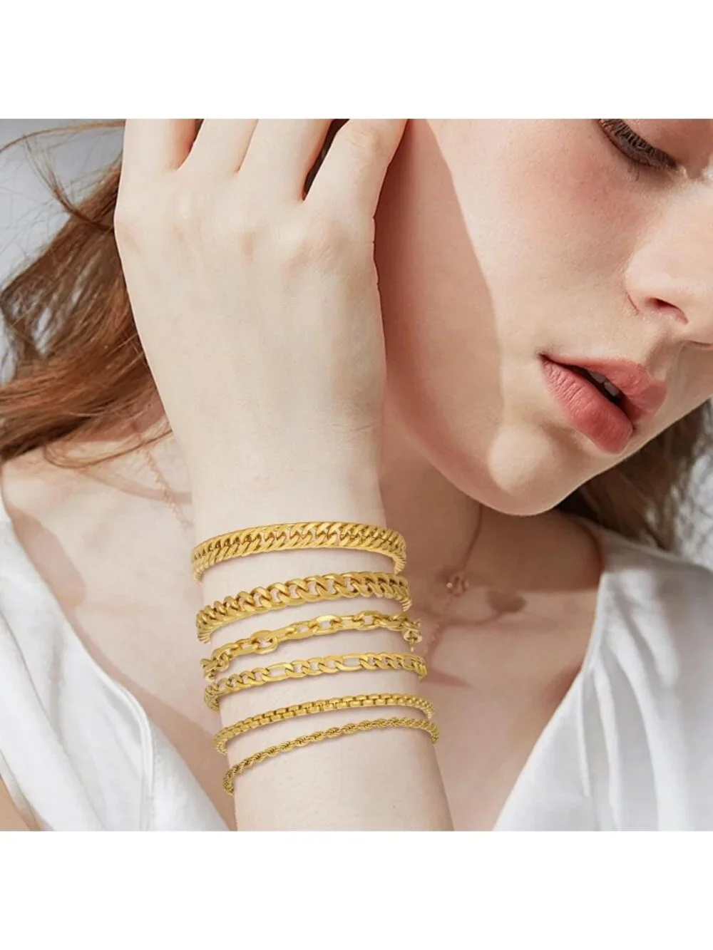 Men's Stainless Steel Bracelet Set - 6pcs Cuban Link & Rope Chains, Fashion